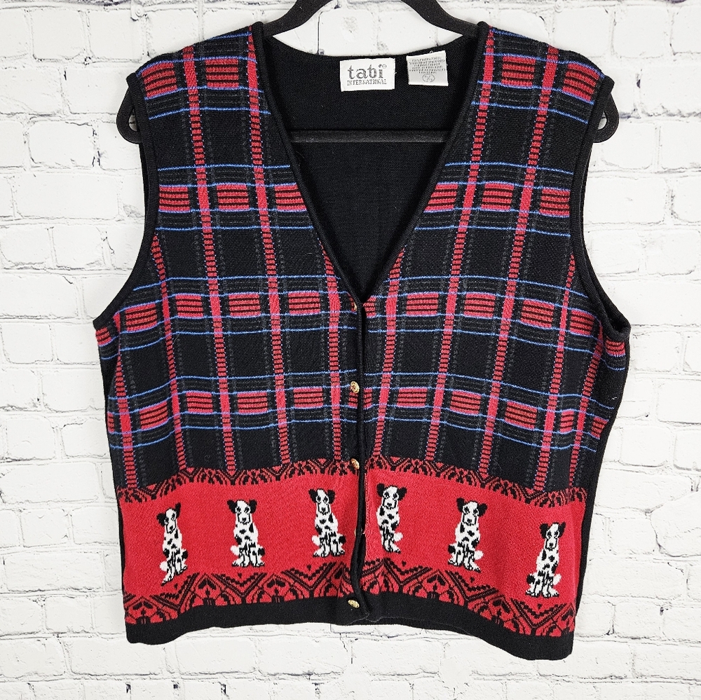 TABI | vintage cotton knit button up dog dalmation plaid vest